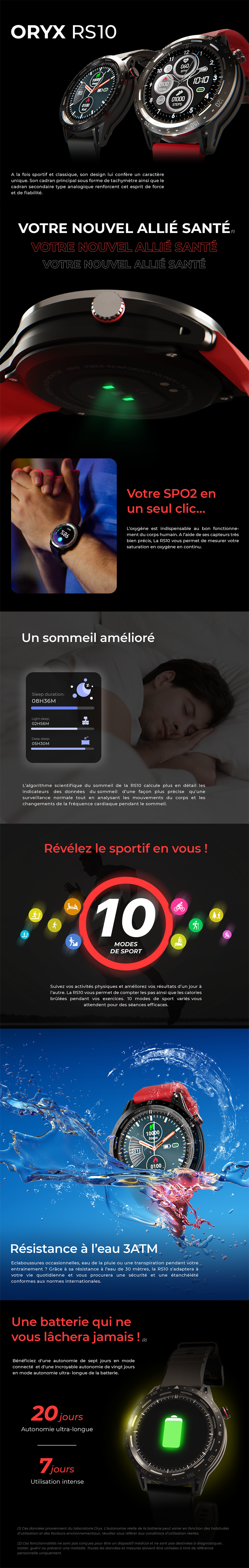 oryx RS10, Montres connectées,  SPO2, fréquence cardiaque, 3ATM, modes de sport multiples