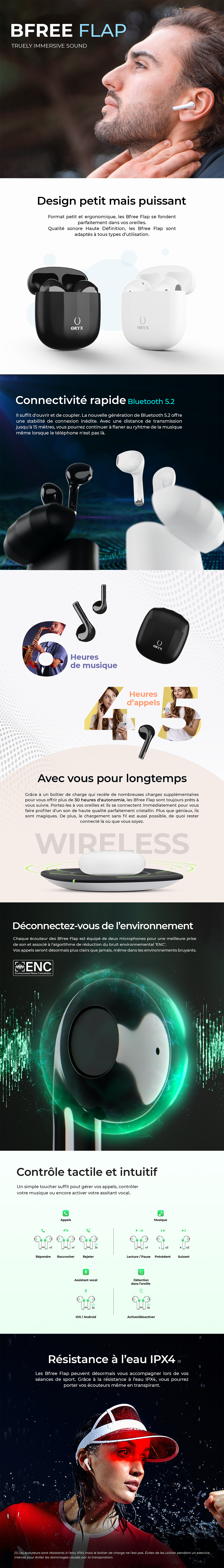Ecouteurs sans fil, Bfree-flap Technologie ENC, chargement sans fil, 6h de musique